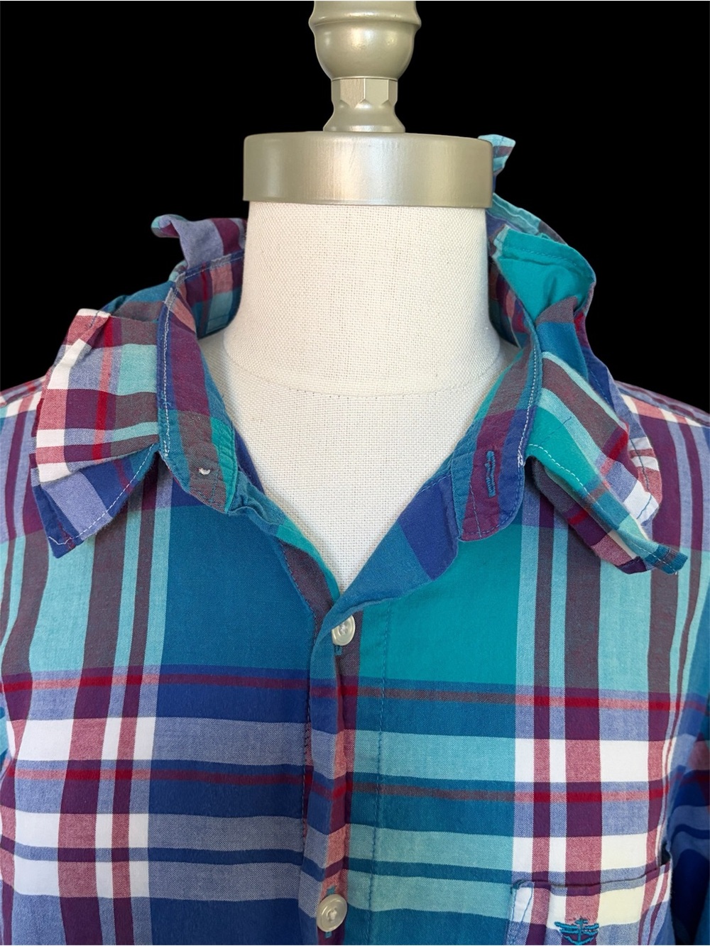Upcycled Dockers Ruffle Collar Cottagecore Plaid Lace Trim Boho Shacket Shirt